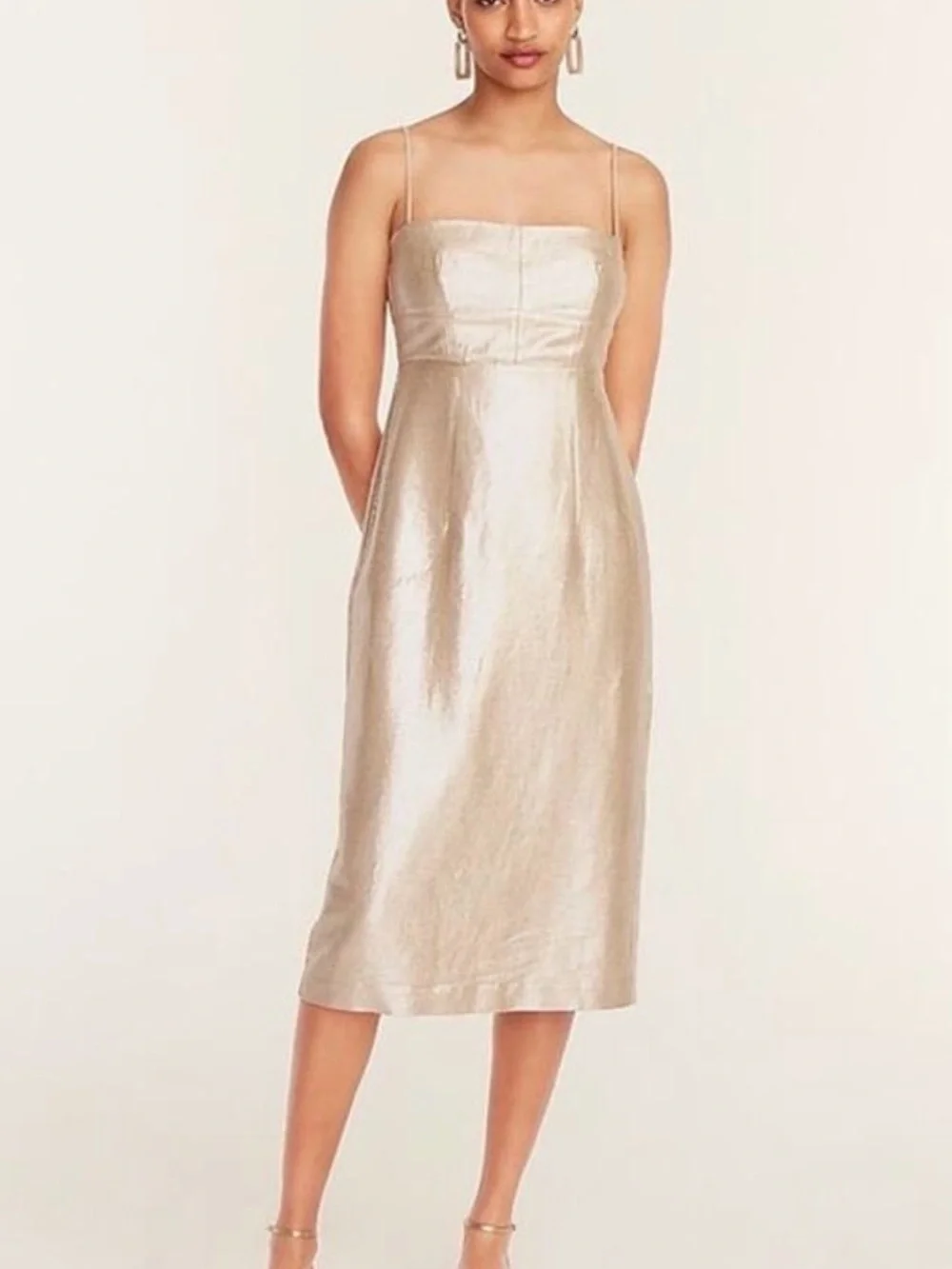 J. Crew Metallic Gold Midi Dress with Spaghetti Straps and Tie Back - Sz 6 NWT